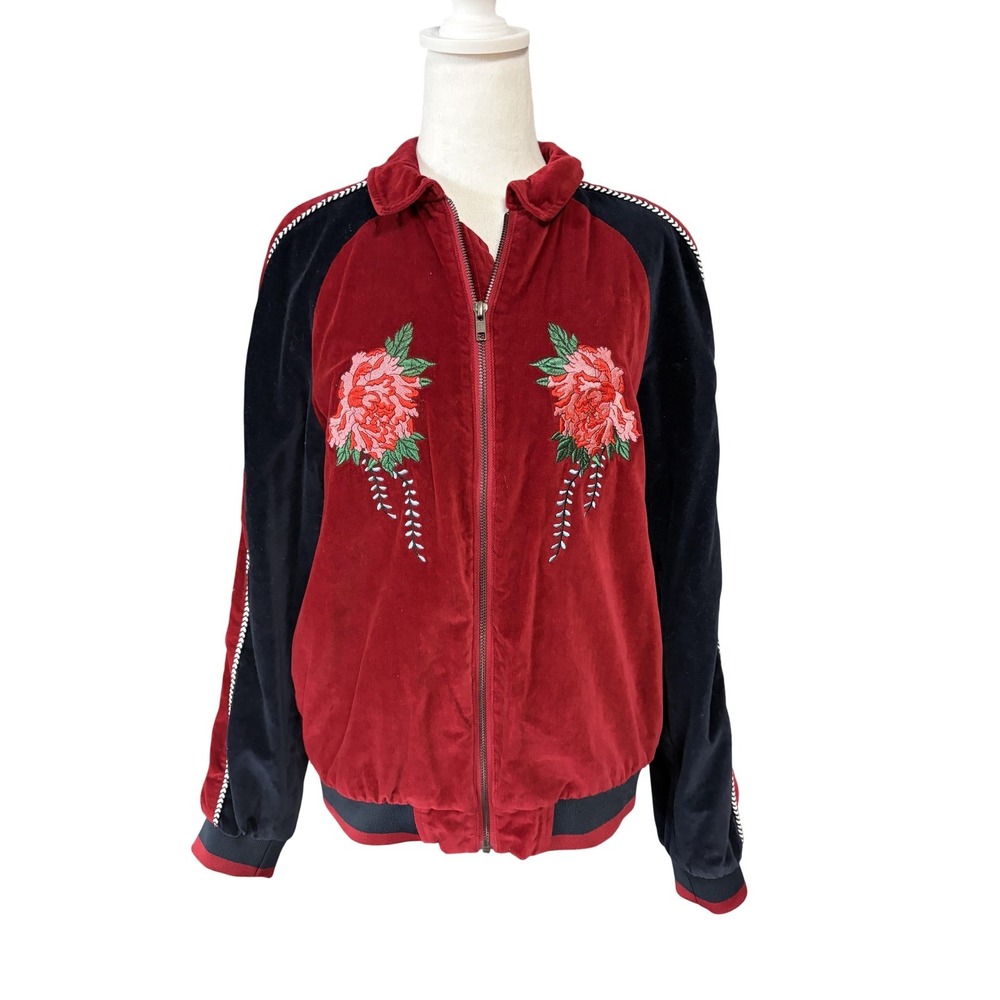 Topman Jacket Mens Small Red Velvet Bomber Embroidered Tiger Floral 88C02RRED